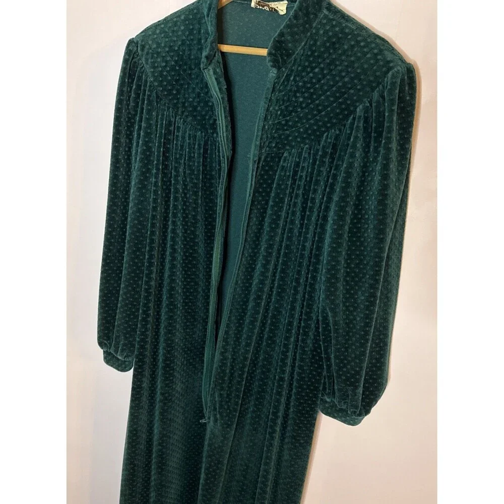 Styled By Say~Lu Vtg‎ Green Velour Robe Long Zip Up Pleat Pintuck Nightgown Med